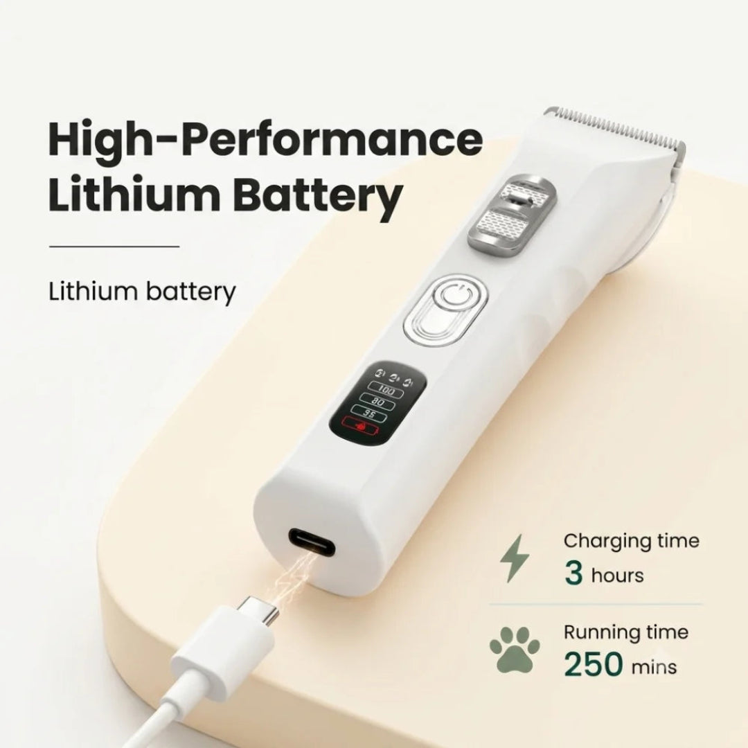 White pet hair clipper showcasing its smart LED display features.