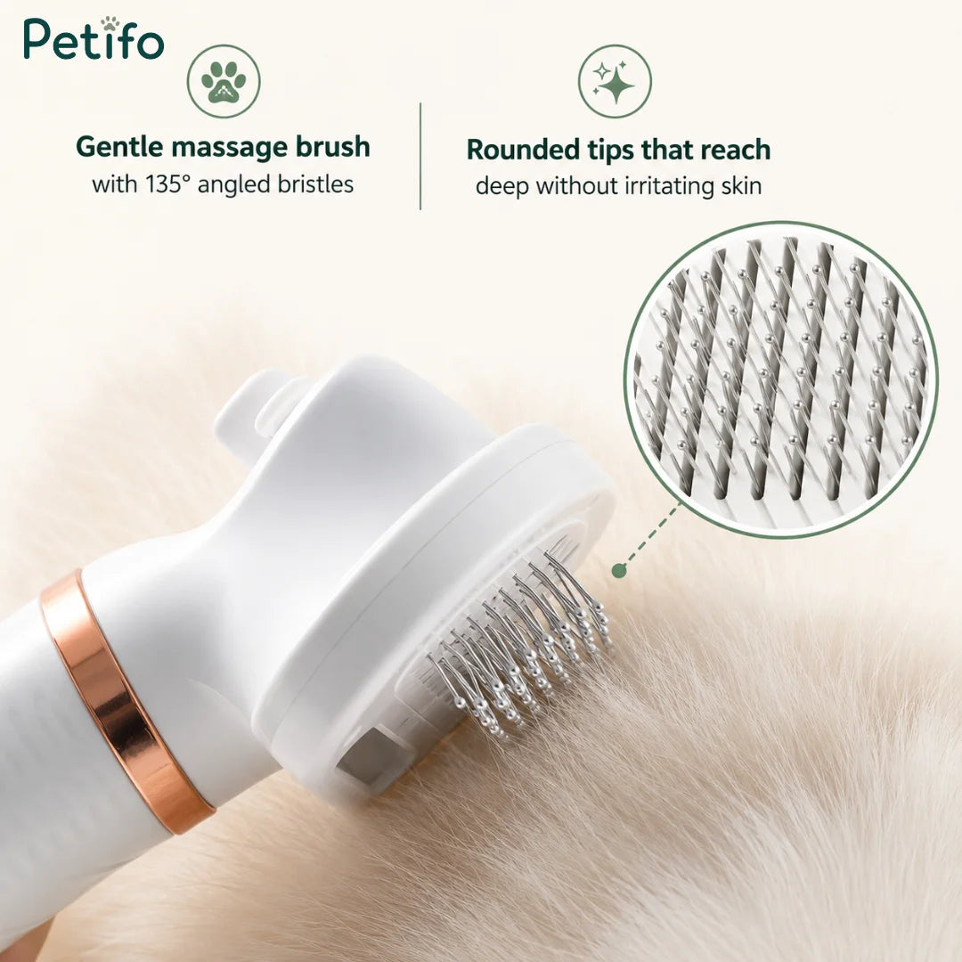 Close-up view of the 135-degree angled bristle massage brush featuring rounded tips for safe and soothing pet skin care.
