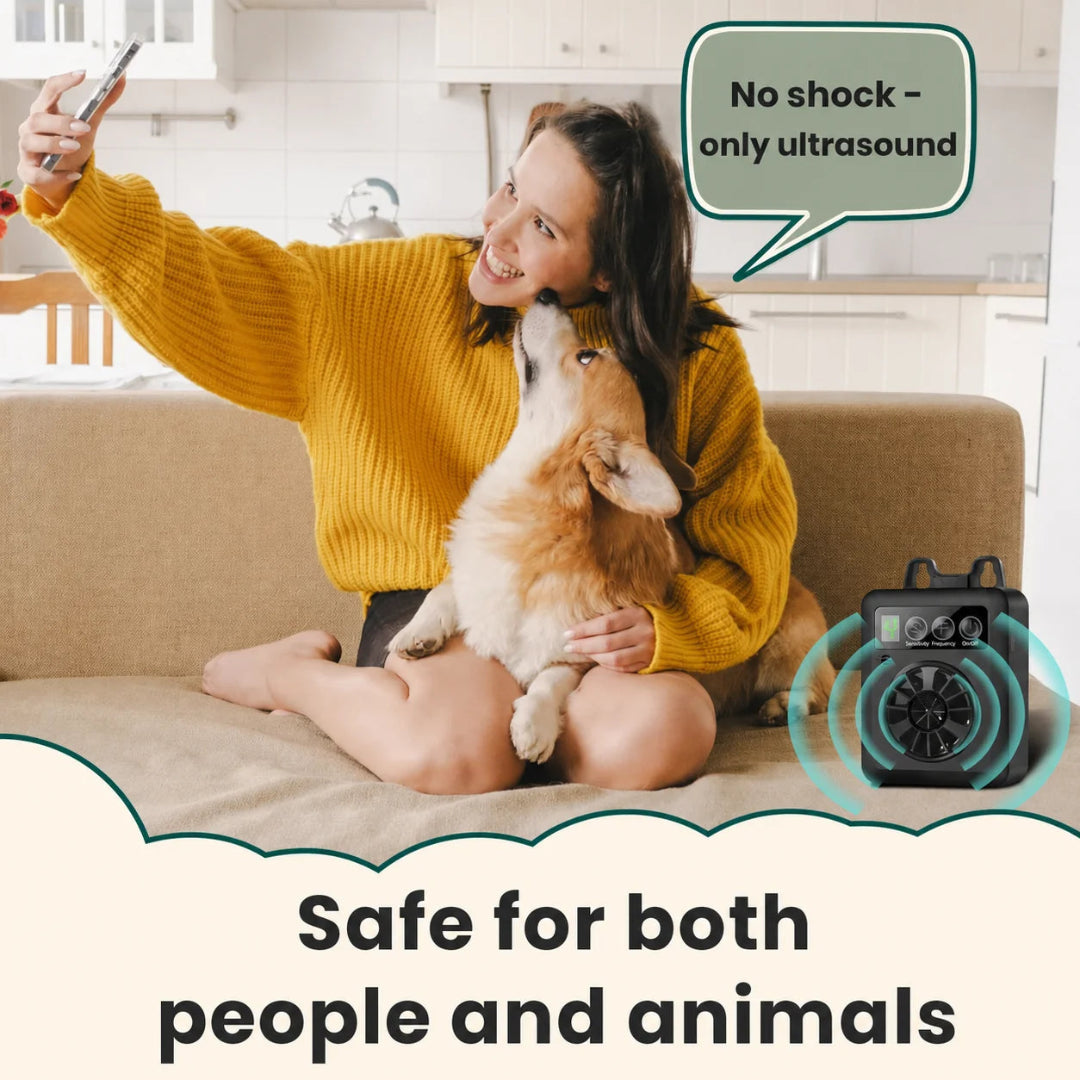 Anti-barking ultrasonic device that uses no shock, making it safe for both people and animals