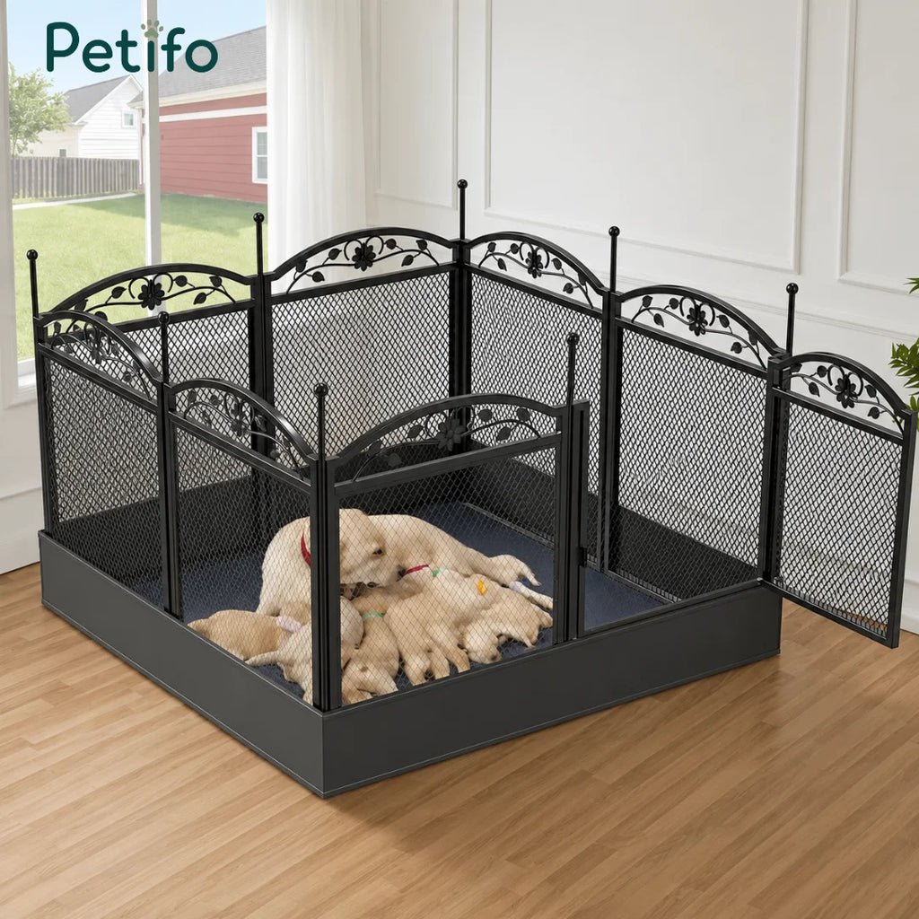 A decorative Petifo metal dog playpen set up indoors, providing a safe and cozy enclosed area for a mother dog to nurse her puppies.