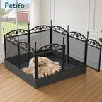 A decorative Petifo metal dog playpen set up indoors, providing a safe and cozy enclosed area for a mother dog to nurse her puppies.