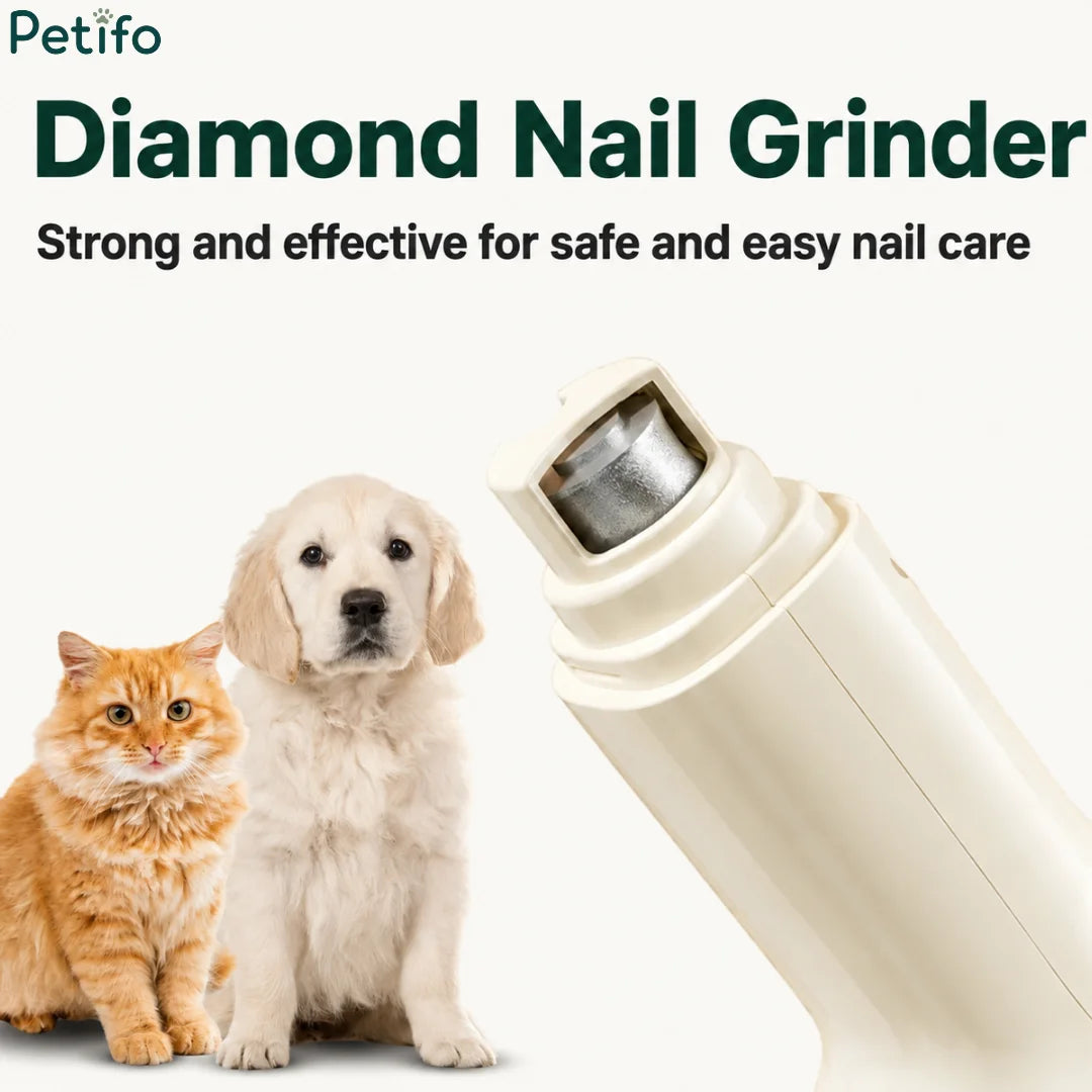 Diamond nail grinder attachment shown alongside a cat and dog for safe and effective pet nail care.