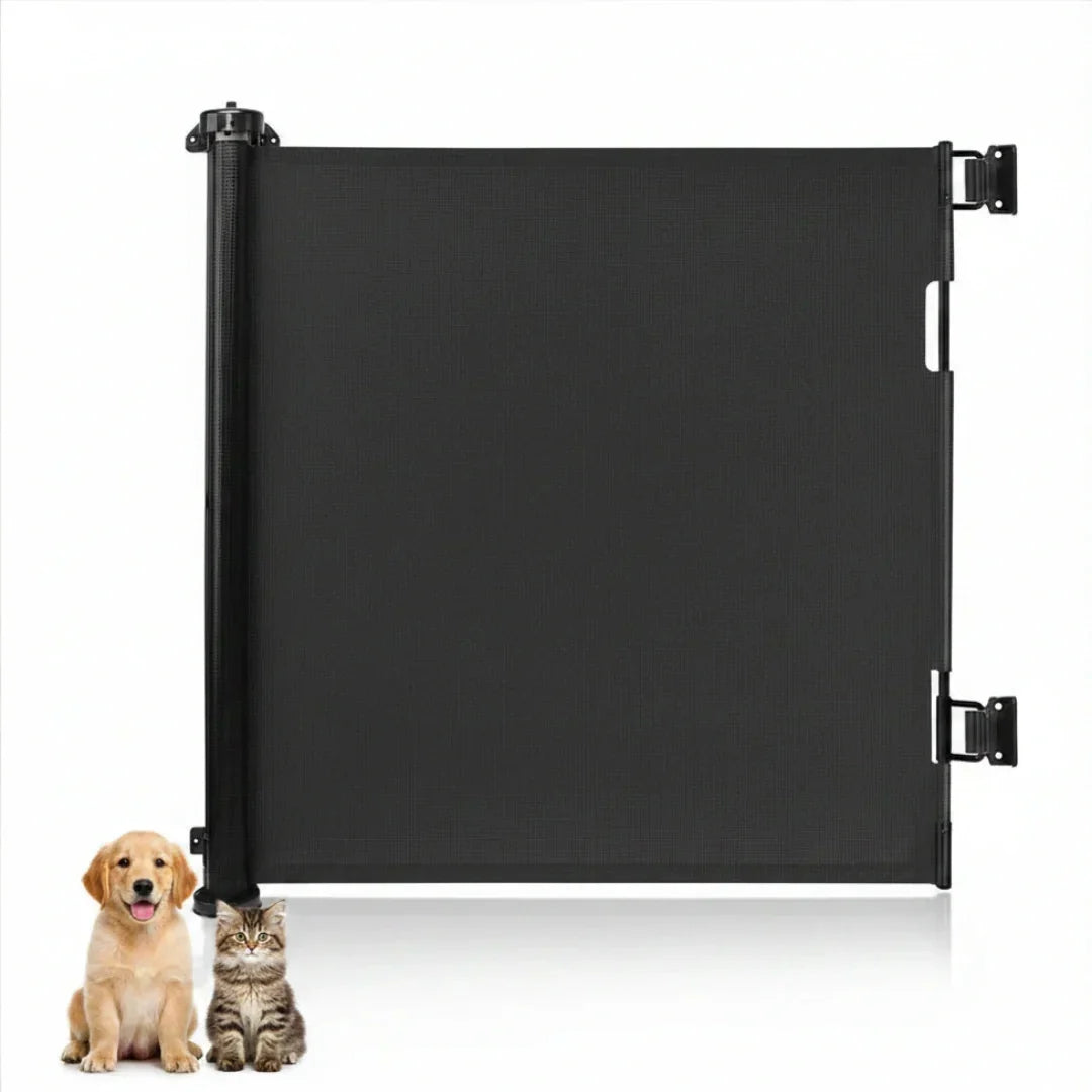 Black retractable safety gate shown with a puppy and kitten sitting in front.