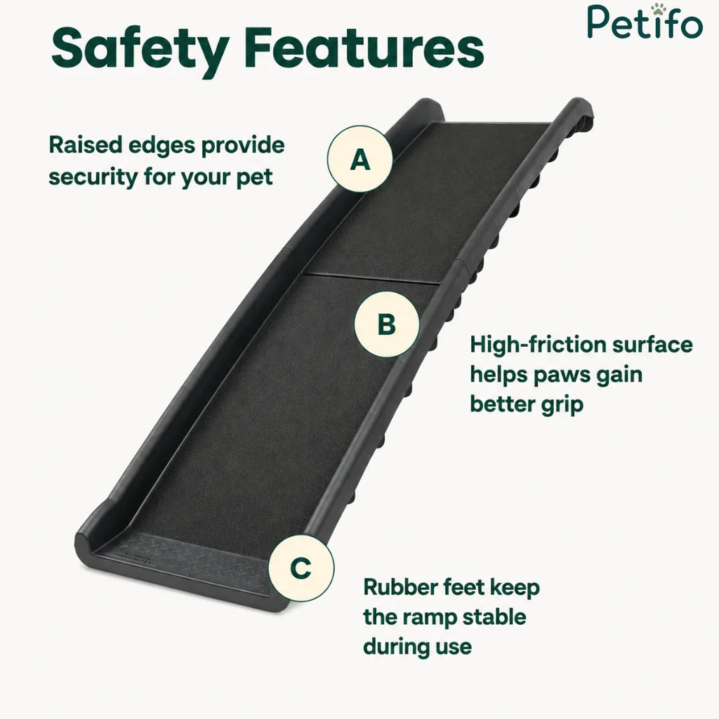 Safety diagram of the pet ramp highlighting raised side rails, high-friction surface, and rubberized feet.