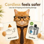 An adorable orange cat wearing glasses and a tie, holding comparison cards showing the safety benefits of a cordless pet fountain versus a fountain with a cord.