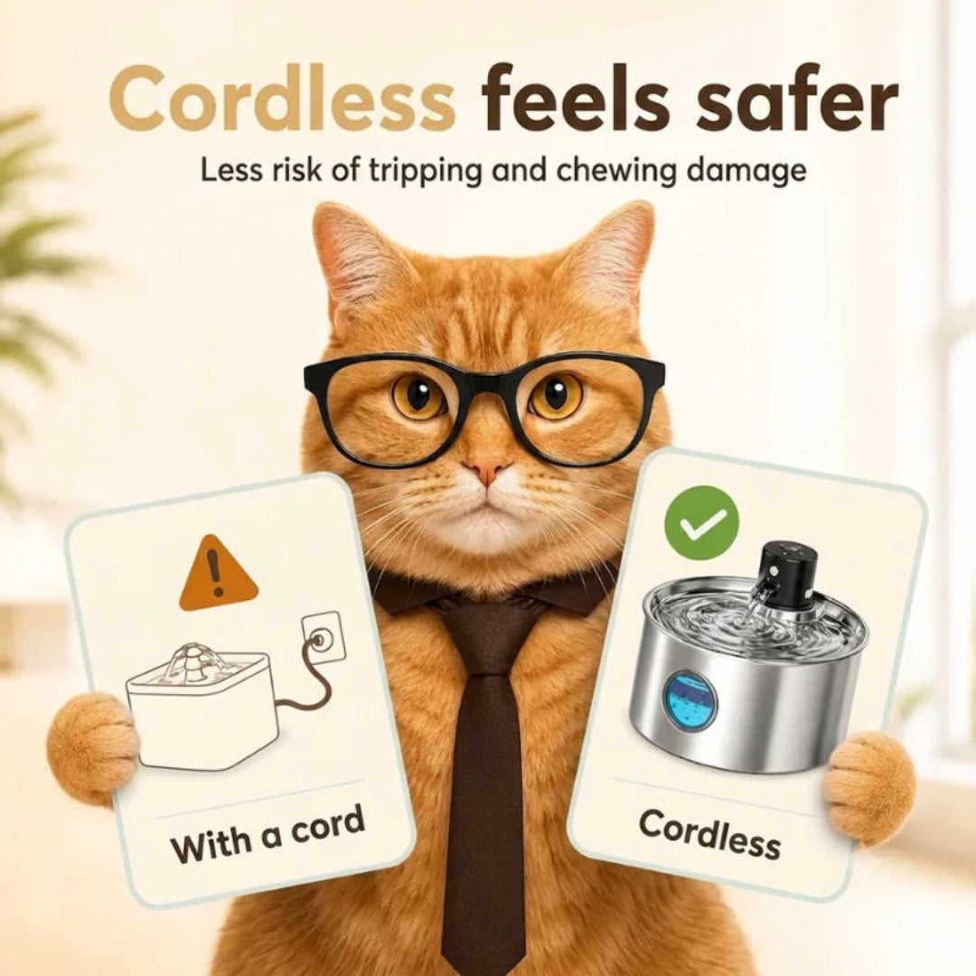 An adorable orange cat wearing glasses and a tie, holding comparison cards showing the safety benefits of a cordless pet fountain versus a fountain with a cord.