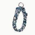 A studio product shot of the Saxony Blue floral Petifo dog collar featuring a quick-release buckle and sturdy metal ring.