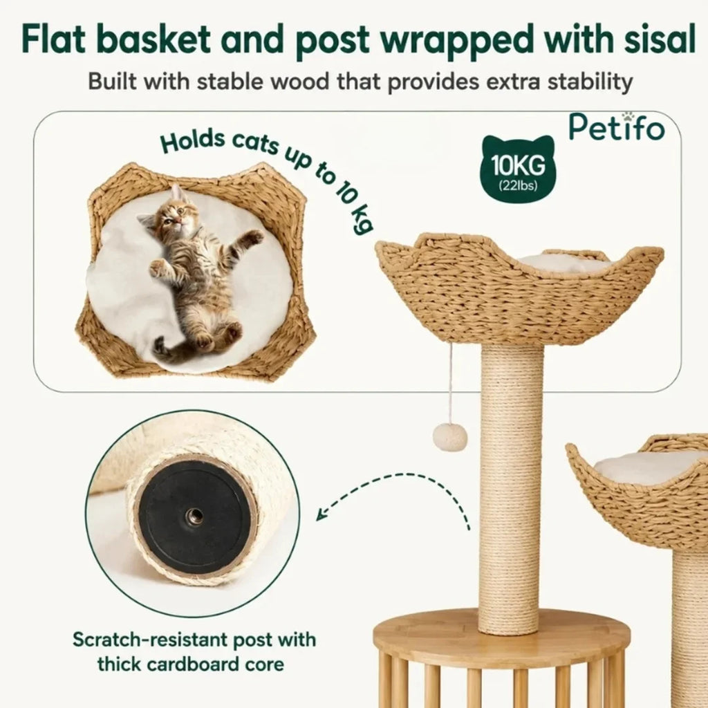 Infographic detailing the 10kg weight capacity flat basket and scratch-resistant sisal-wrapped post with a thick cardboard core.