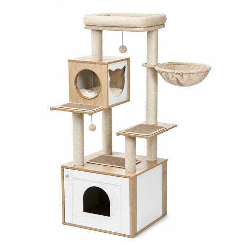 A Petifo light wood and white cat tree tower featuring a cat-ear shaped condo, sisal scratching posts, and a plush lounging perch for cats.