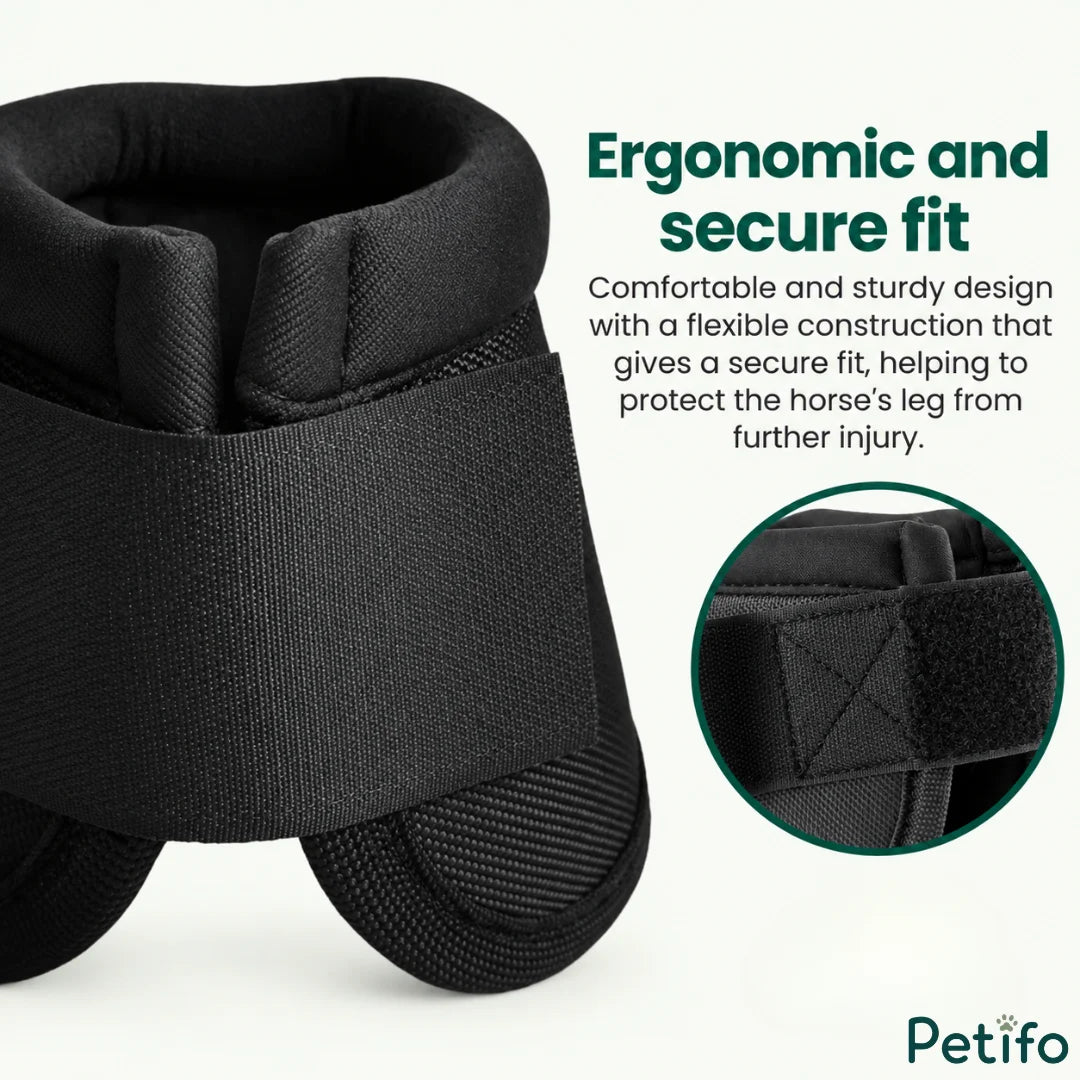 Close-up of black horse bell boot showing the ergonomic and secure fit design