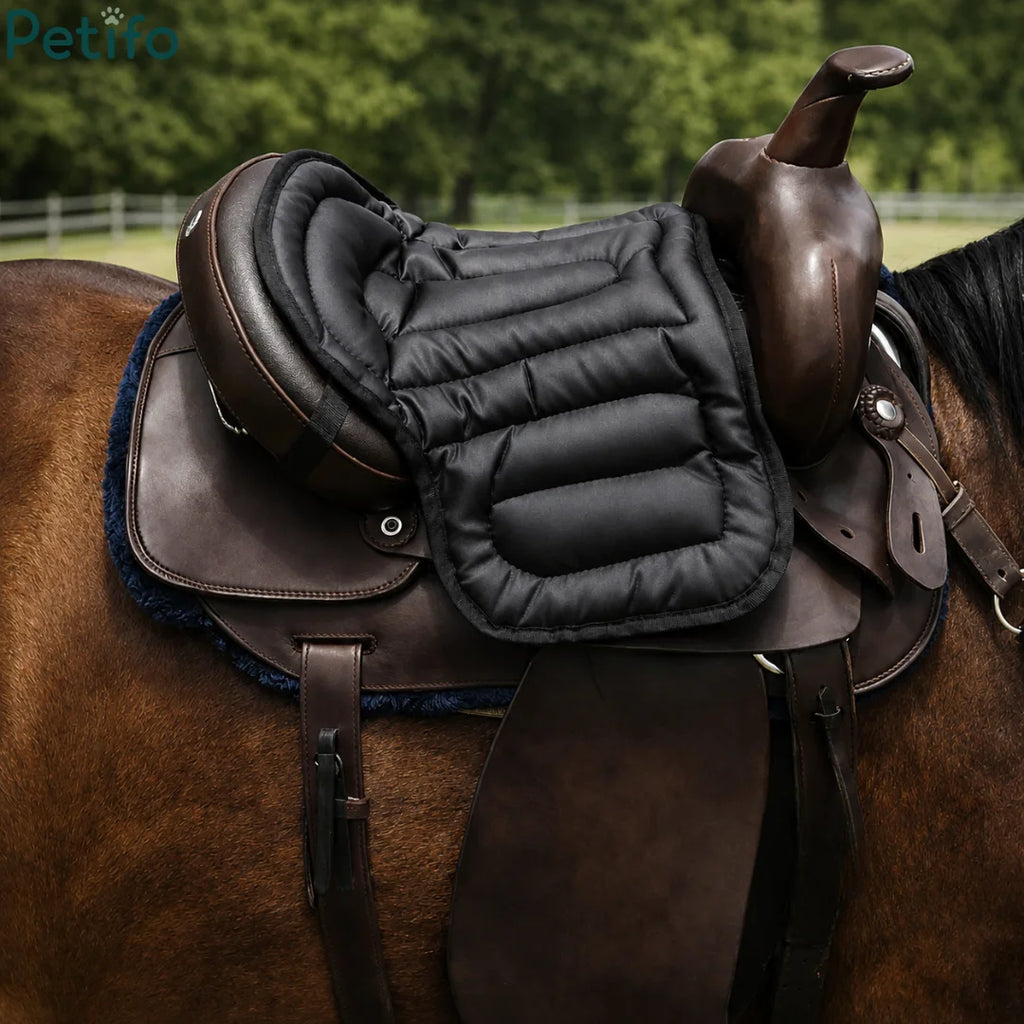 Side view of a black quilted western saddle seat cover secured on a leather saddle with a blurred outdoor backdrop.
