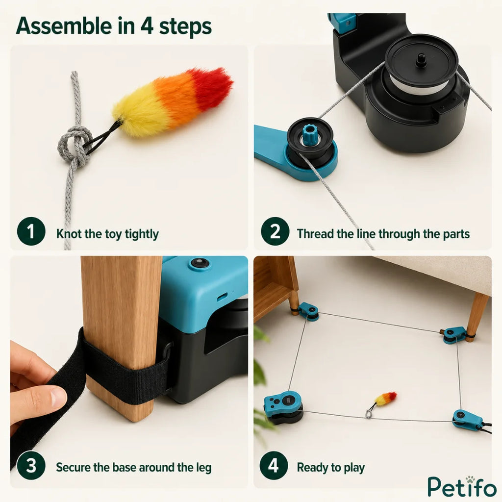 Step-by-step assembly guide illustrating how to knot the toy, thread the line, secure the base, and get ready for play.