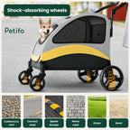 Infographic showing Petifo dog stroller with shock-absorbing wheels on cobblestone, cement, speed bumps, stone, grass, and sand