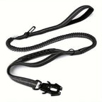 Black shock-absorbing bungee dog leash with a heavy-duty carabiner and comfortable traffic handle on a white background.