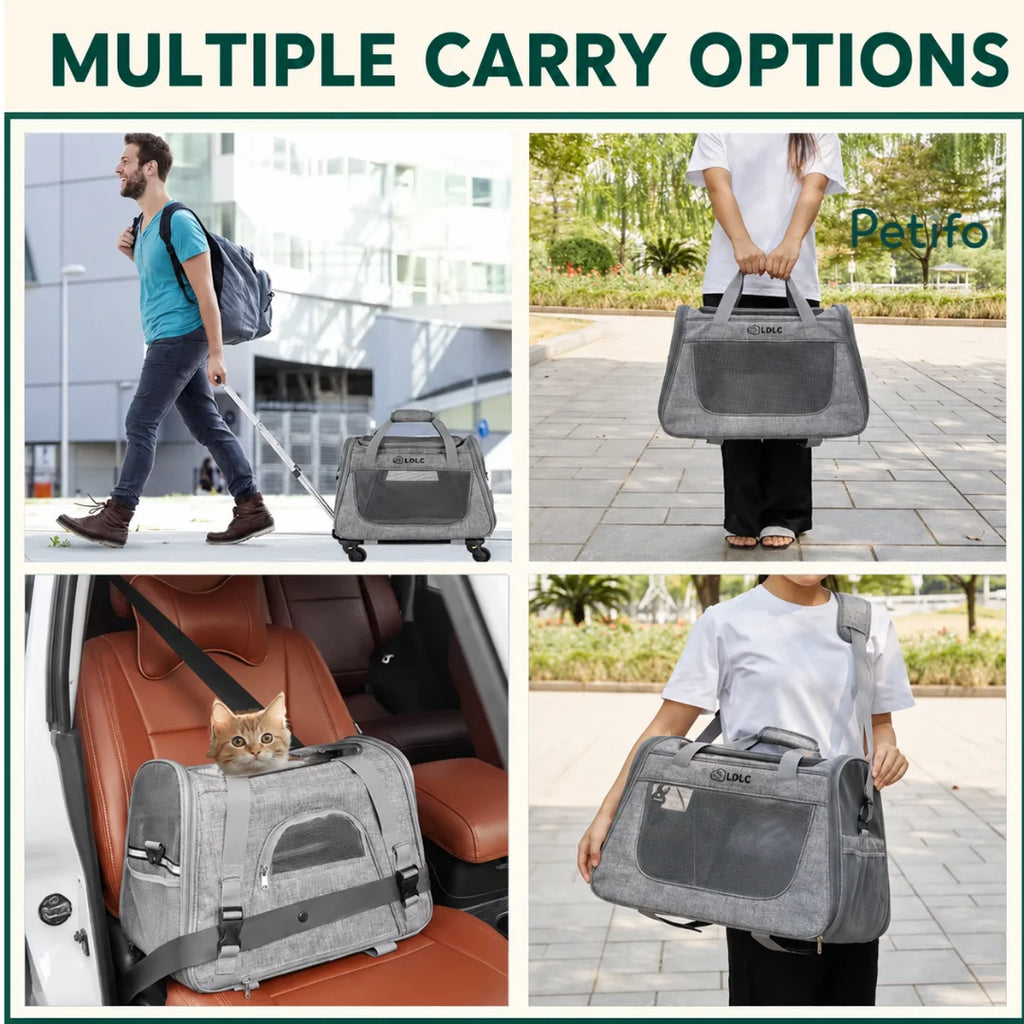 Collage demonstrating multiple carrying options for the grey pet carrier including rolling, hand-carrying, shoulder carry, and car seat use.