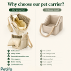 A product comparison graphic titled "Why choose our pet carrier?" comparing the Petifo pet carrier featuring a soft cushion, safety buckle, removable shoulder strap, more support, better stability, and comfortable rest against an ordinary model lacking these features.