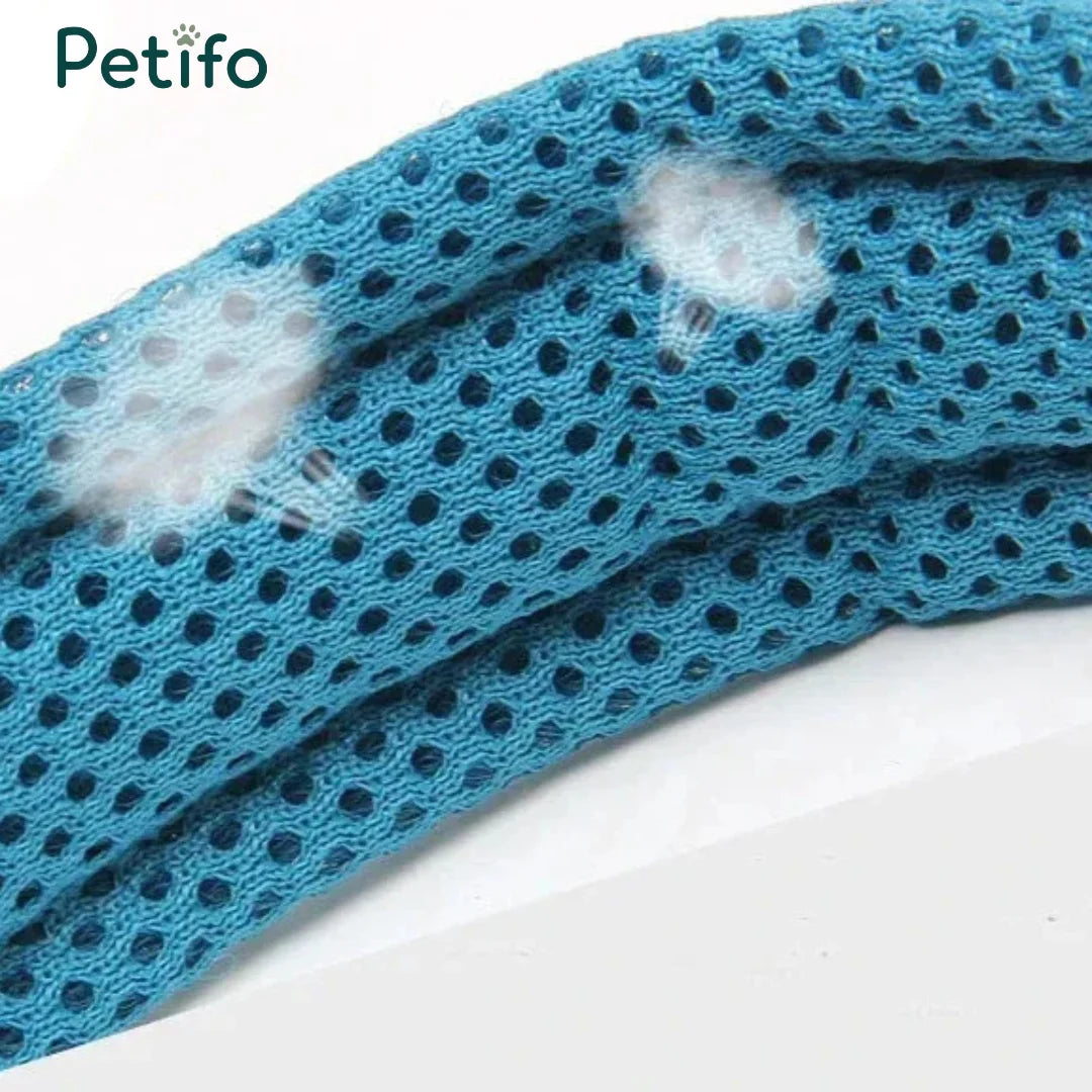 A close-up detail shot showcasing the texture of the blue, breathable mesh material used in Petifo pet collars.