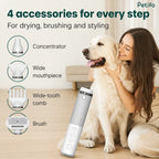 Petifo portable pet blow dryer showcasing its four versatile accessories including a concentrator, wide mouthpiece, wide-tooth comb, and brush.