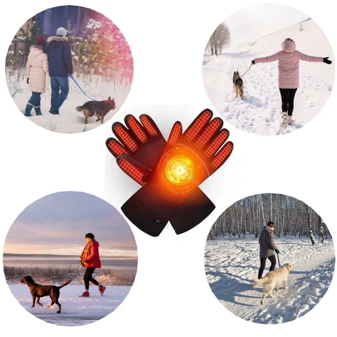  A promotional lifestyle collage showcasing the Petifo heated gloves in the center, surrounded by four circular inset photos of people walking their dogs in snowy winter landscapes.