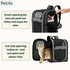 Gray pet travel backpack showcasing its smart top opening and full side opening for easy pet access.