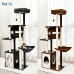 Side-by-side product comparison of the Petifo cat tree in two available colorways: dark grey/black and warm brown, both featuring the signature hidden litter box cabinet.