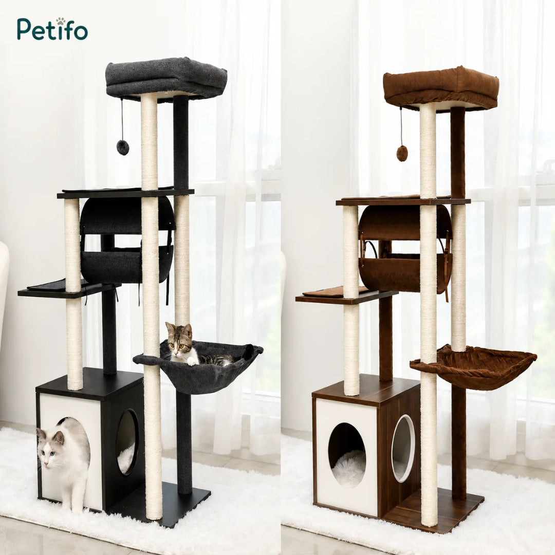 Side-by-side product comparison of the Petifo cat tree in two available colorways: dark grey/black and warm brown, both featuring the signature hidden litter box cabinet.