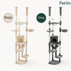 Side-by-side comparison of the same cat tree model in beige and gray color options for interior design matching.