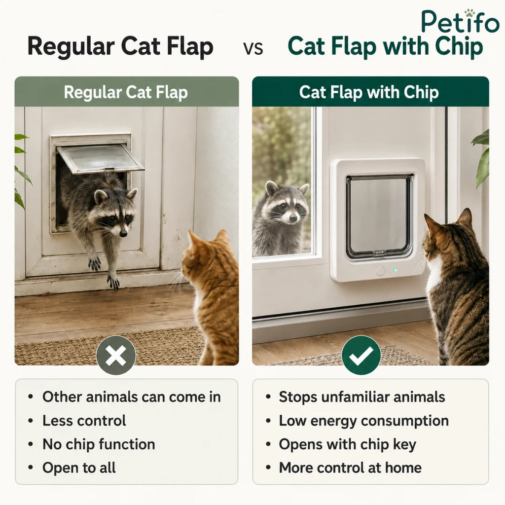 Side-by-side comparison chart showing features and advantages of a PetVent RFID microchip cat door versus a traditional cat door.