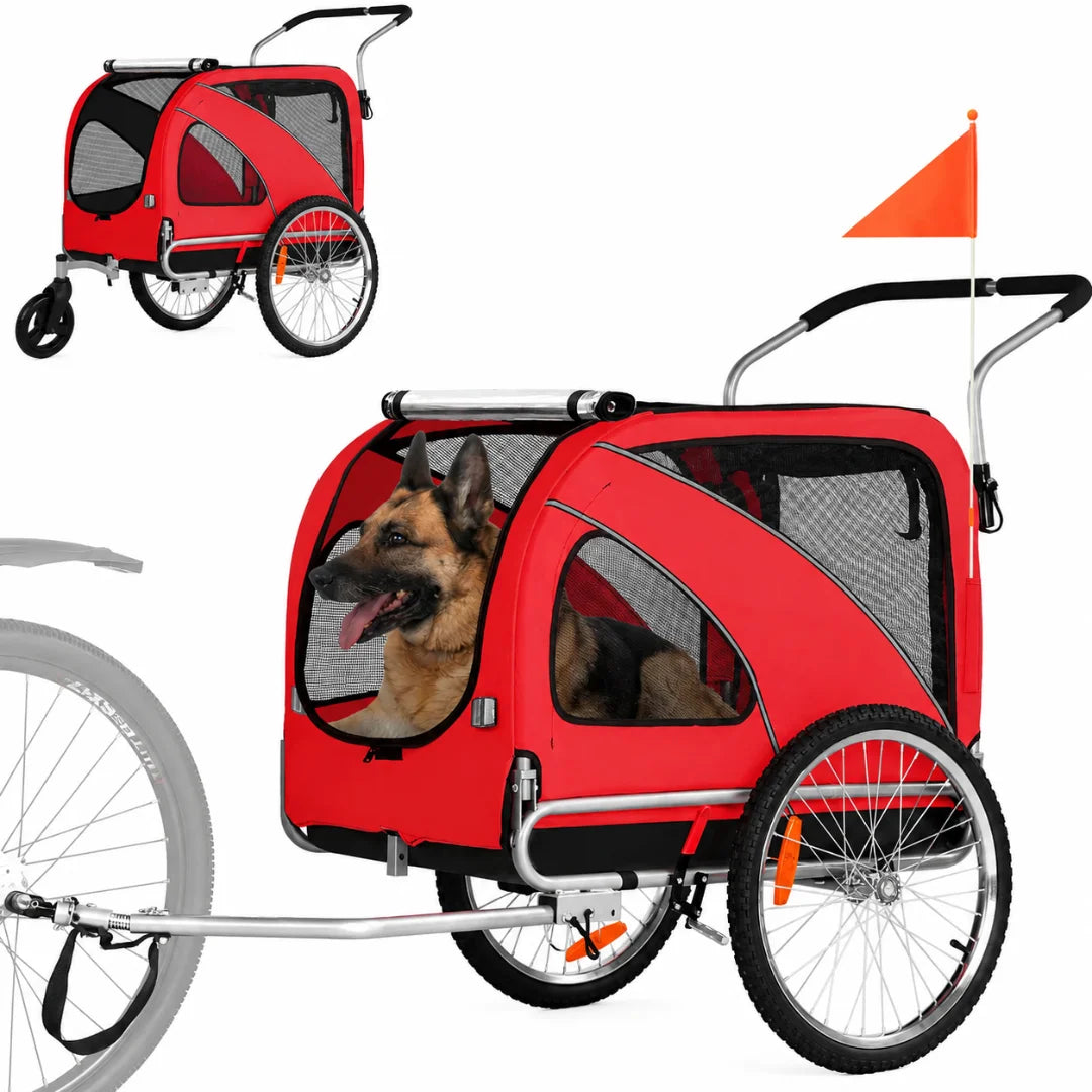 Side view of the red Petifo pet trailer with a German Shepherd inside.