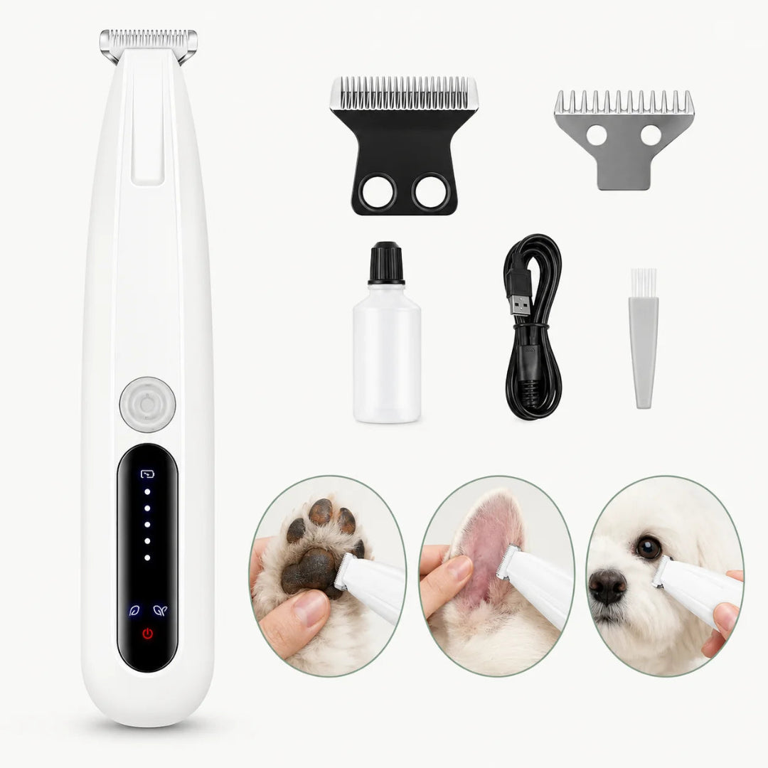 Professional pet grooming kit including a white trimmer, lubricating oil, USB-C charging cable, and a cleaning brush.