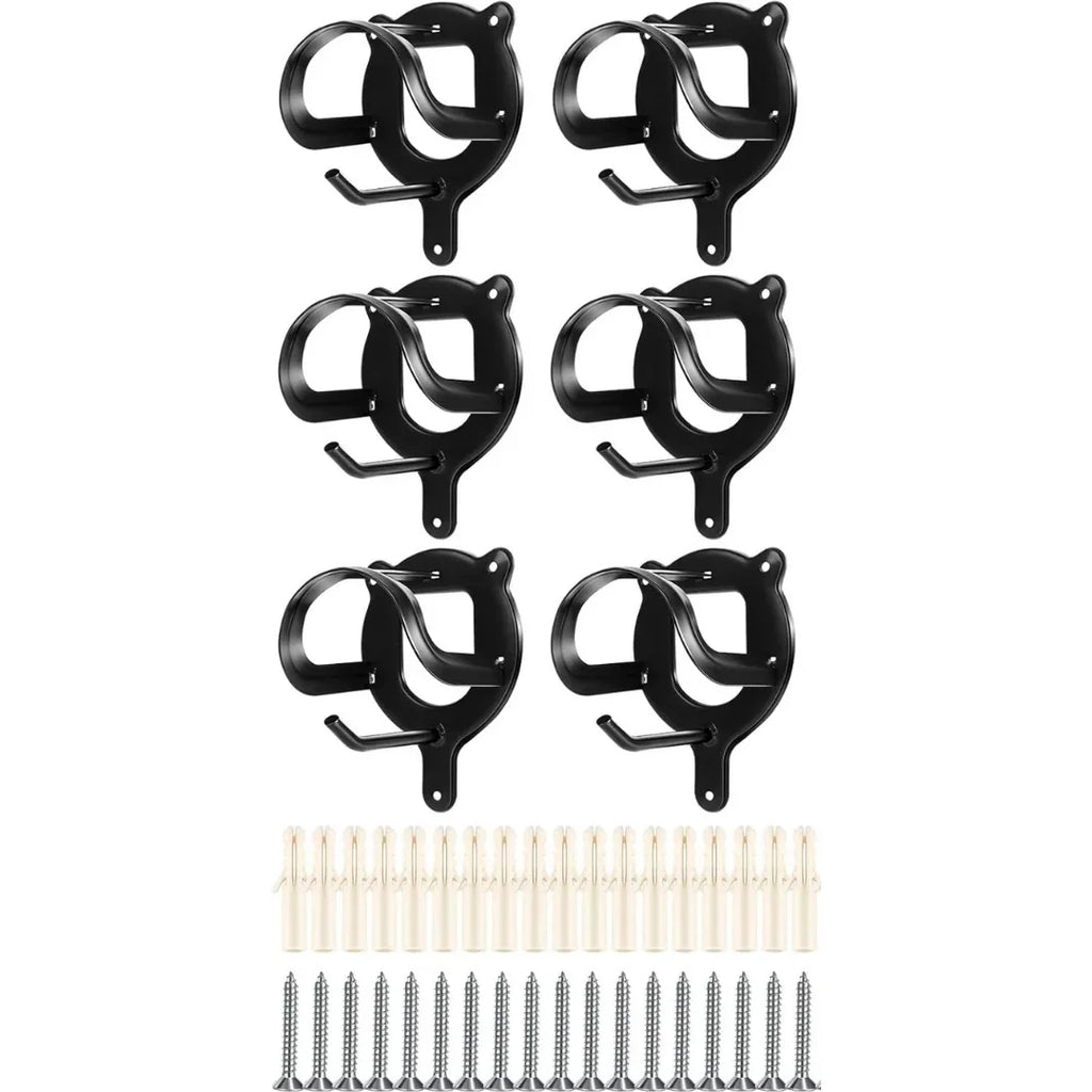Six-pack of black equestrian bridle hooks with included wall anchors and mounting screws.