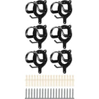 Six-pack of black equestrian bridle hooks with included wall anchors and mounting screws.