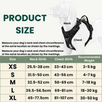 Dog harness size guide table showing measurements for sizes XS to XL.