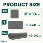 Product size and dimension options for Petifo cat scratch mats, showing XS ($30 \times 30\text{ cm}$), S ($30 \times 60\text{ cm}$), and Roll ($40 \times 200\text{ cm}$) sizes.