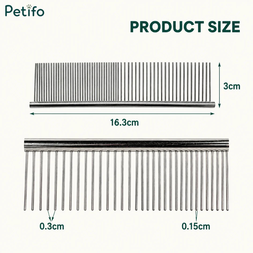 Product size and dimension diagram for the Petifo metal pet grooming comb showing measurements of 16.3 cm by 3 cm with detailed tooth spacing.