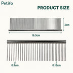Product size and dimension diagram for the Petifo metal pet grooming comb showing measurements of 16.3 cm by 3 cm with detailed tooth spacing.