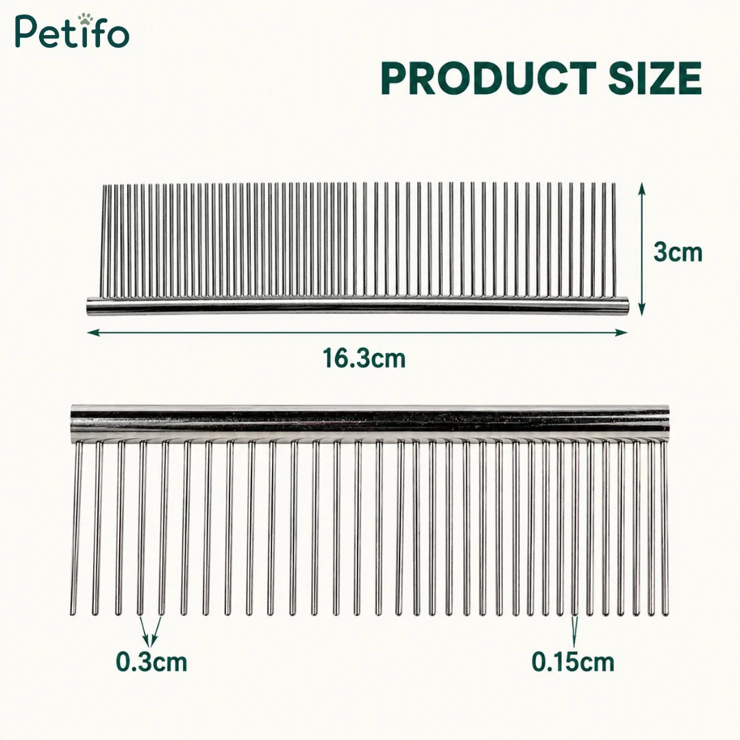 Product size and dimension diagram for the Petifo metal pet grooming comb showing measurements of 16.3 cm by 3 cm with detailed tooth spacing.