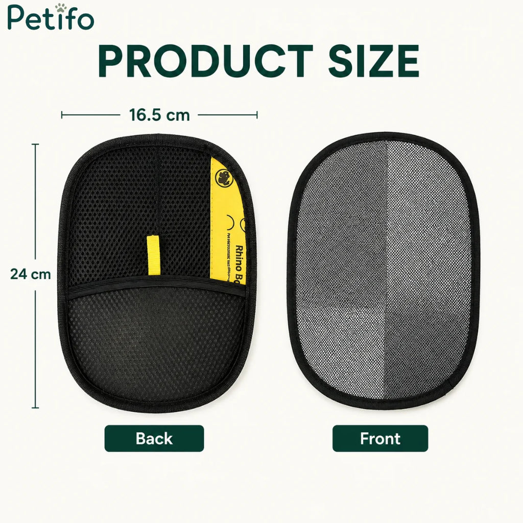 Product size and dimension diagram of the Petifo hair removal gloves showing a width of 16.5 cm and a height of 24 cm for both the back and front sides.