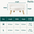 Size and dimensions guide for M and L round elevated pet beds, listing length, width, height, and suitable pet weight capacities.