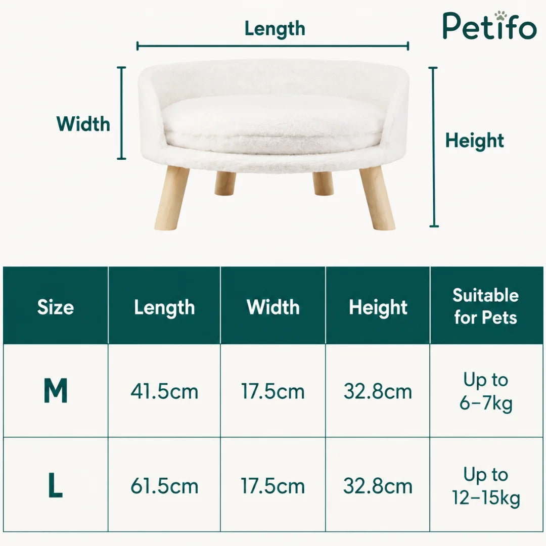 Size and dimensions guide for M and L round elevated pet beds, listing length, width, height, and suitable pet weight capacities.