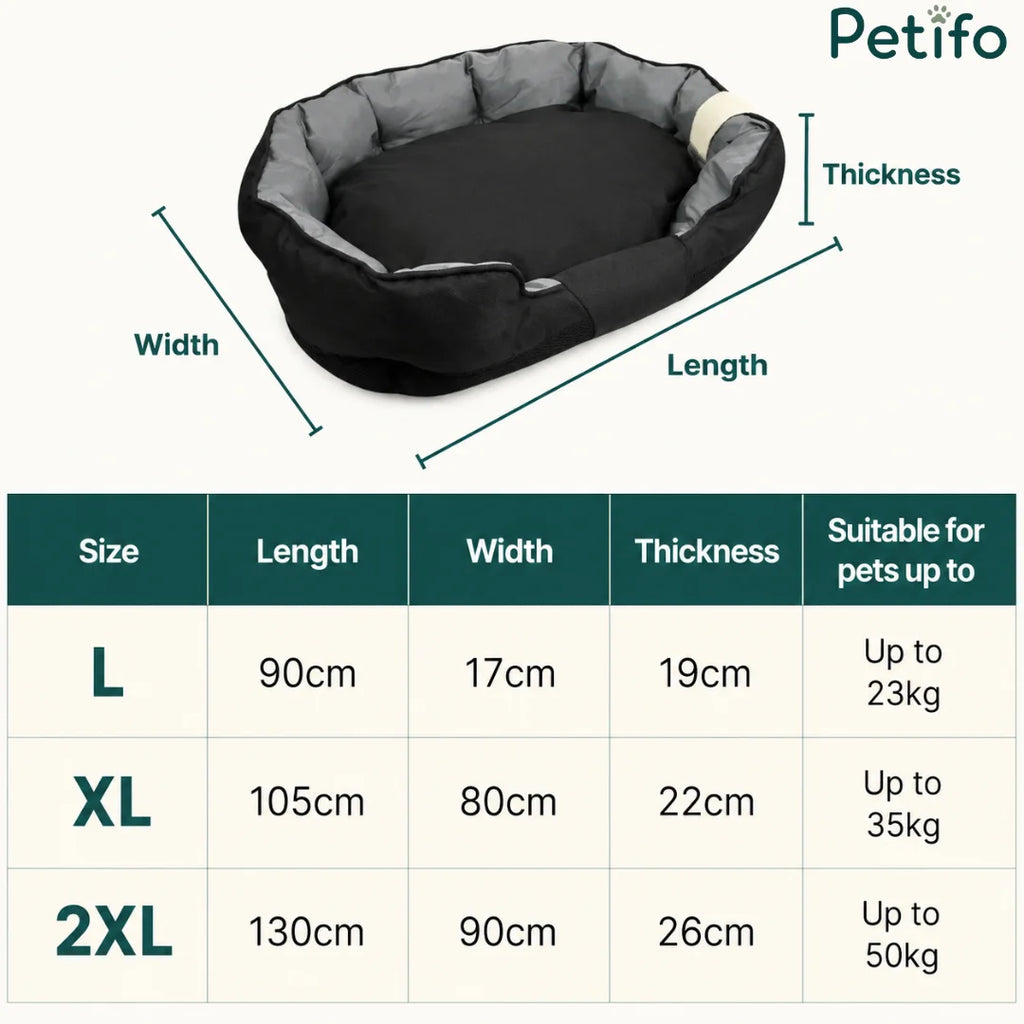 Size chart for Petifo waterproof pet beds showing dimensions for L, XL, and 2XL sizes.