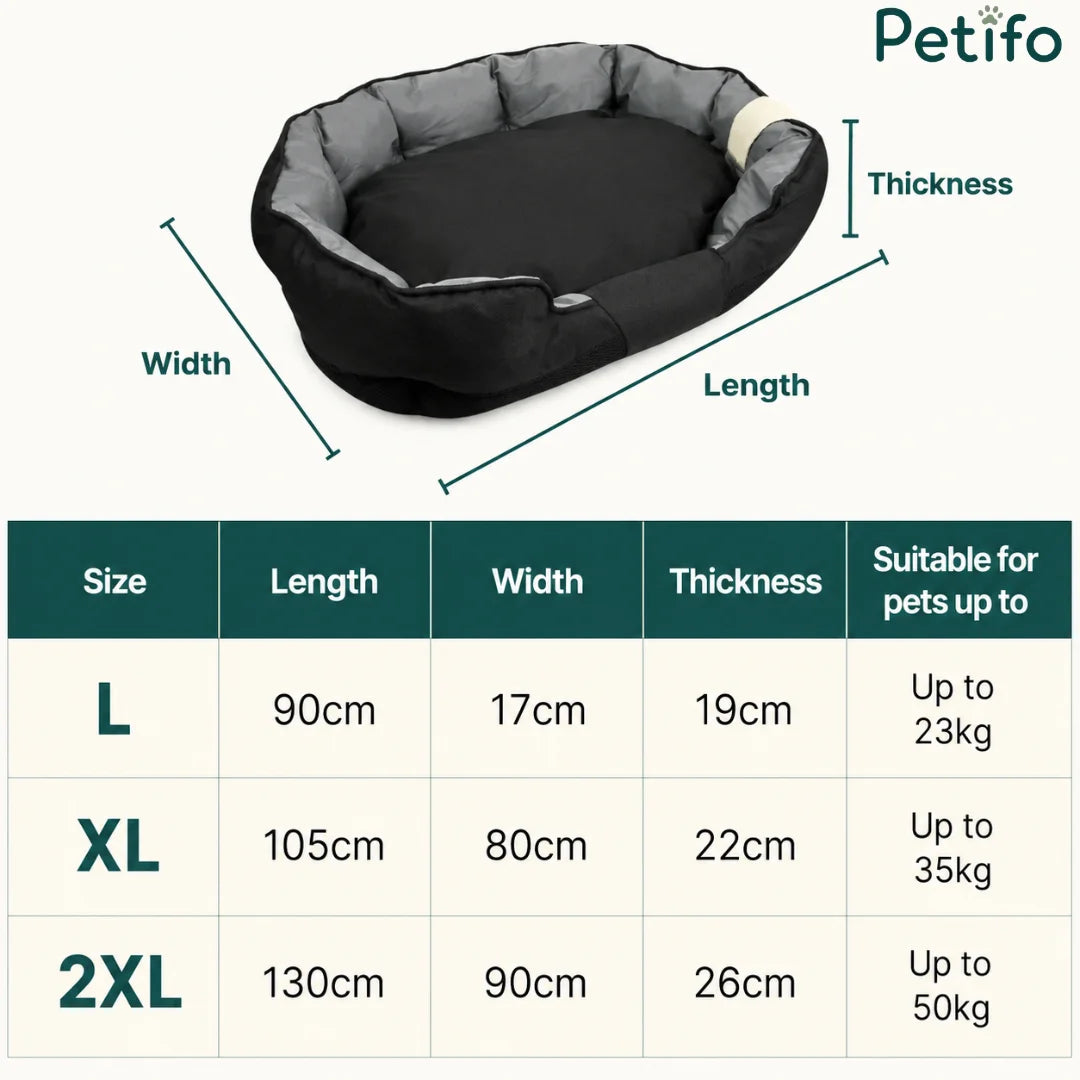 Size chart for Petifo waterproof pet beds showing dimensions for L, XL, and 2XL sizes.
