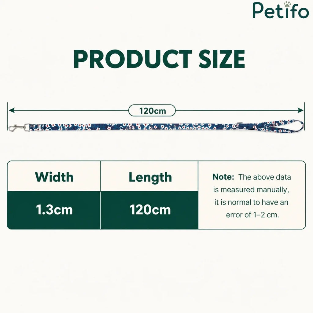 Size chart showing the 1.3 cm width and 120 cm length dimensions of the  floral leash.