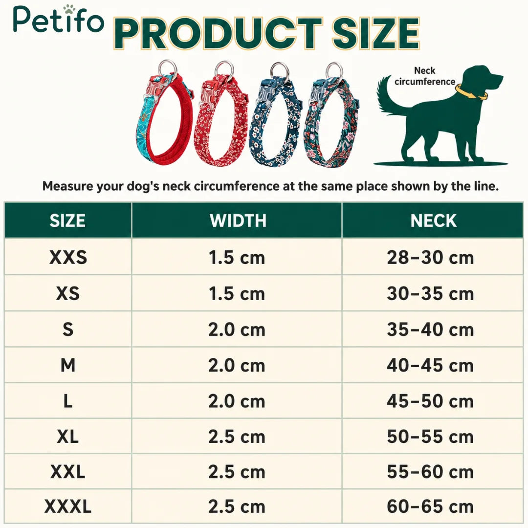 A size chart for Petifo dog collars detailing width and neck circumference measurements for sizes XXS to XXXL.