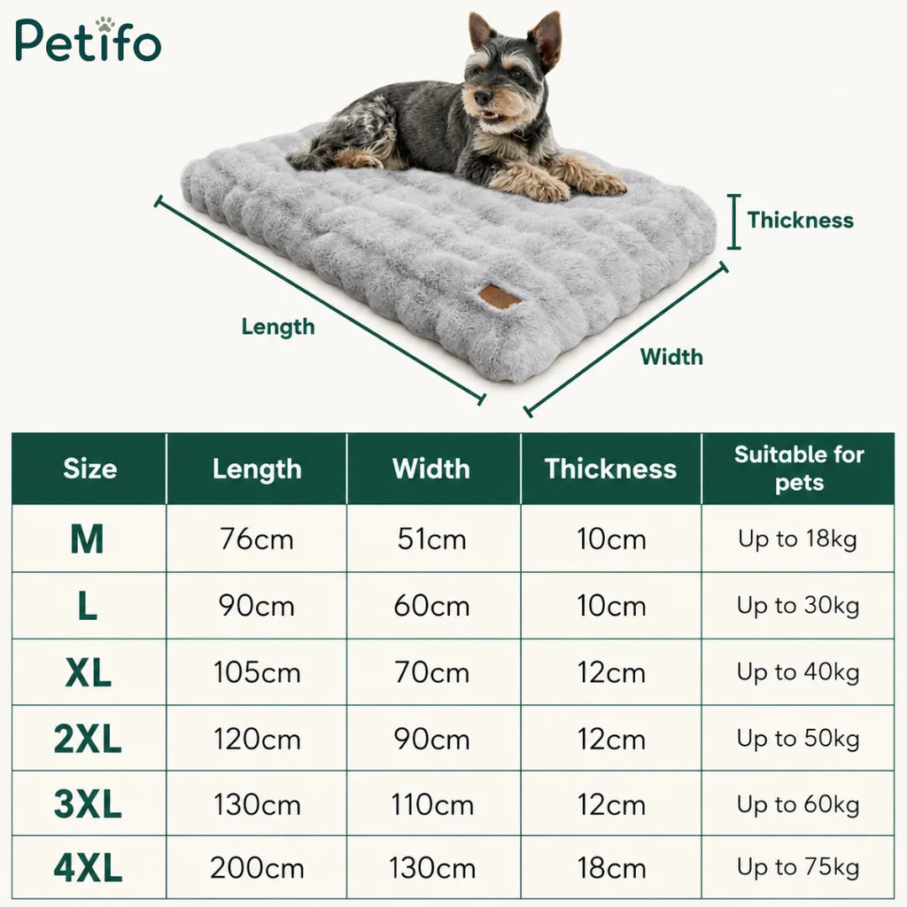 Size chart for Petifo luxury pet beds showing dimensions and weight capacities for medium to 4XL sizes.