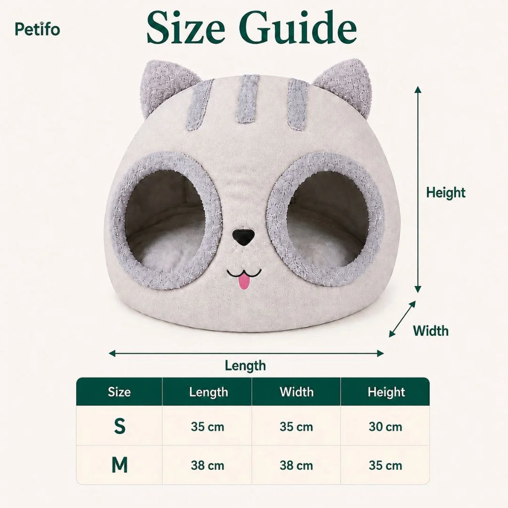 A grey cat-shaped pet bed with dual entry holes, featuring a size chart for Small and Medium dimensions.