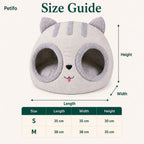A grey cat-shaped pet bed with dual entry holes, featuring a size chart for Small and Medium dimensions.