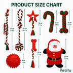 A product size chart displaying the measurements for various Petifo Christmas dog toys, including a $30\text{ cm}$ ($11.8\text{ in}$) rope toy, a $40\text{ cm}$ ($15.7\text{ in}$) loop and ball rope toy, an $18\text{ cm}$ ($7.1\text{ in}$) star chew toy, a $20\text{ cm}$ ($7.9\text{ in}$) candy cane rope, a $16\text{ cm}$ ($6.3\text{ in}$) bone rope, a $6\text{ cm}$ ($2.4\text{ in}$) spiked red ball, a $20\text{ cm}$ ($7.9\text{ in}$) rubber bone toy with rope, and a $20\text{ cm}$ ($7.9\text{ in}$) plush
