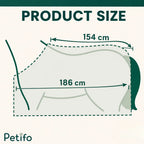 Product size diagram showing a horse sheet with a 154 cm top length and 186 cm body length.
