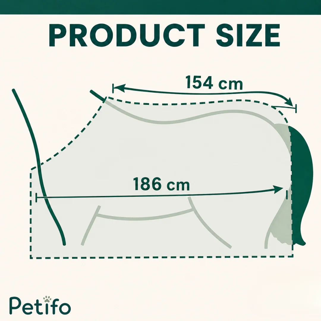 Product size diagram showing a horse sheet with a 154 cm top length and 186 cm body length.